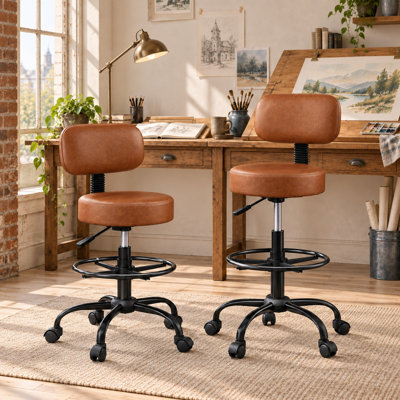 Chaise de dessin ergonomique avec dossier, tabouret de bureau pivotant à roulettes avec repose-pieds réglable - Brun/2 pièces