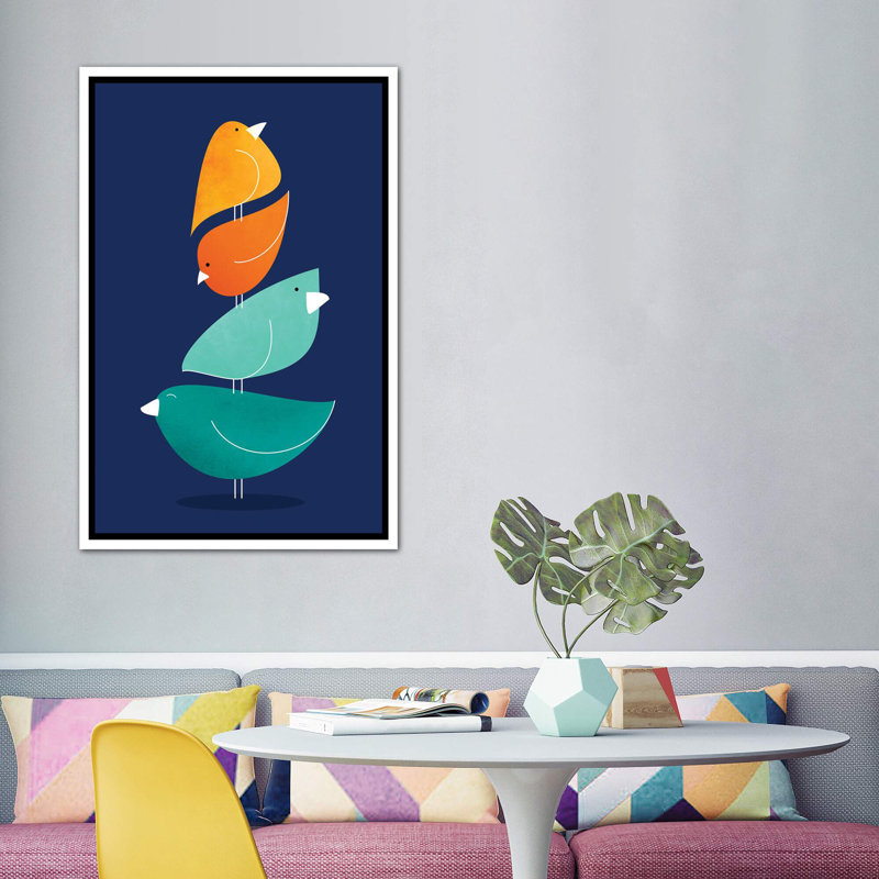 «Bird Stack I» par Modern Tropical - impression d'art graphique, H 60 po x l 40po x P 1,5 po, Toile blanche encadrée