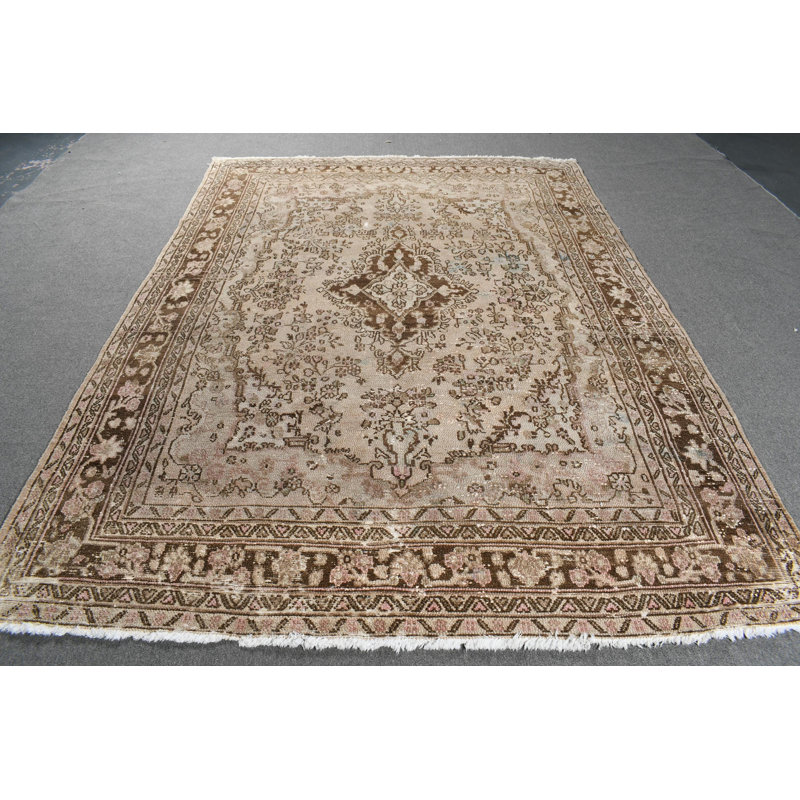 Grand tapis turc rétro Oushak Anatolian beige avec frange intégrée pour le salon