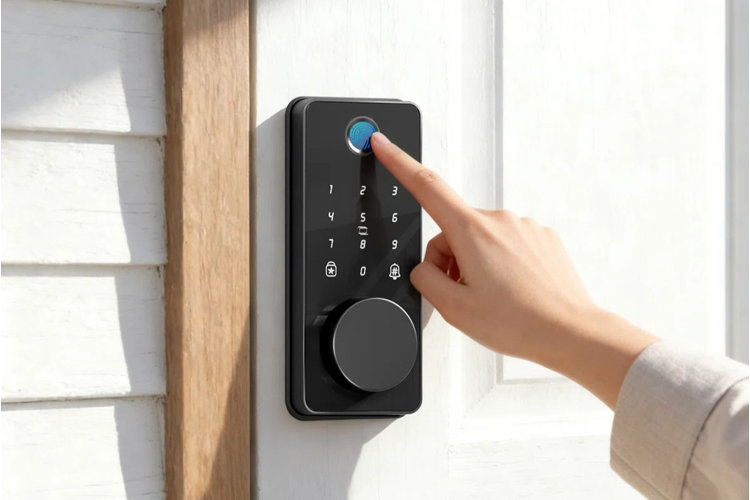 person touching a fingerprint smart lock on a white front door