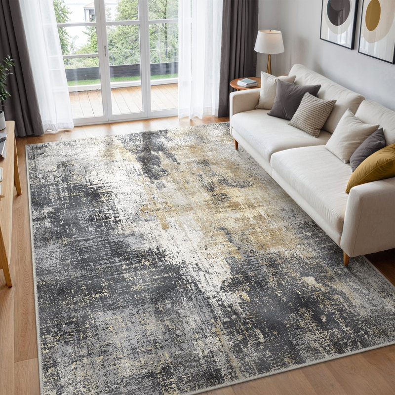 Abstract Area Rug, Black/Gold/Beige, Rectangle 200 x 290 cm
