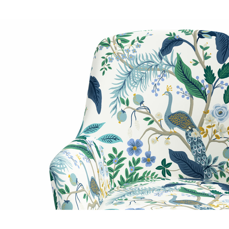 Chaise de bureau avec base Yvette, Bleu paon et lin blanc RPC, Matte Black