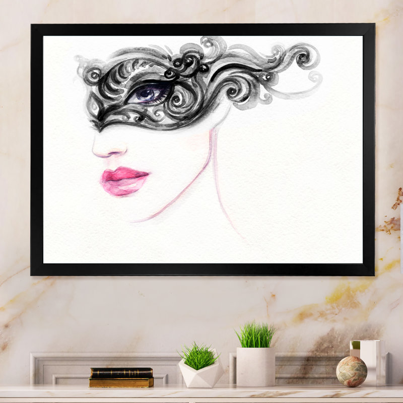 Fashionista avec masque de Venise noir - reproduction sur toile, Toile avec cadre noir, H 8 po x l 12 po x P 1 po