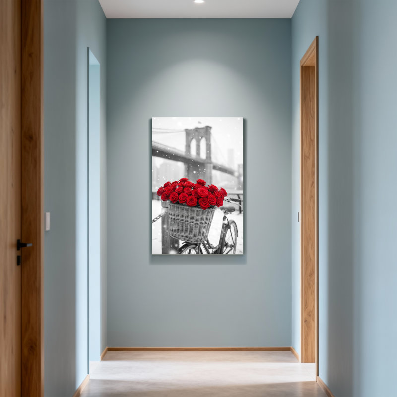 Scènes et paysages urbains de roses rouges dans un panier à vélo avec fond de pont, H 48 po x l 32 po