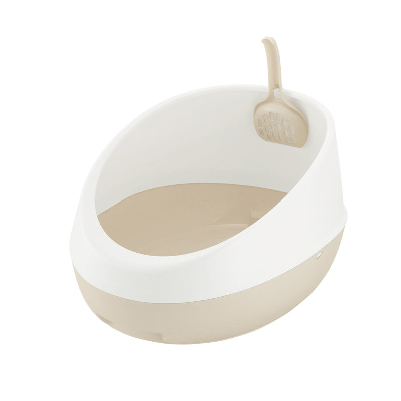 White and Beige High Shield Plastic Cat Litter Pan with Scoop