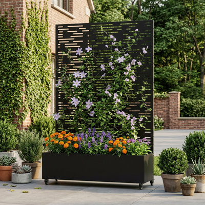 Metal Rectangular Planter Box with 60in Strip Cutout Trellis 47in L x16in x72in H Freestanding Privacy Screen Planter with Rolling Wheels for Climbing Plants Patio Outdoor Decor