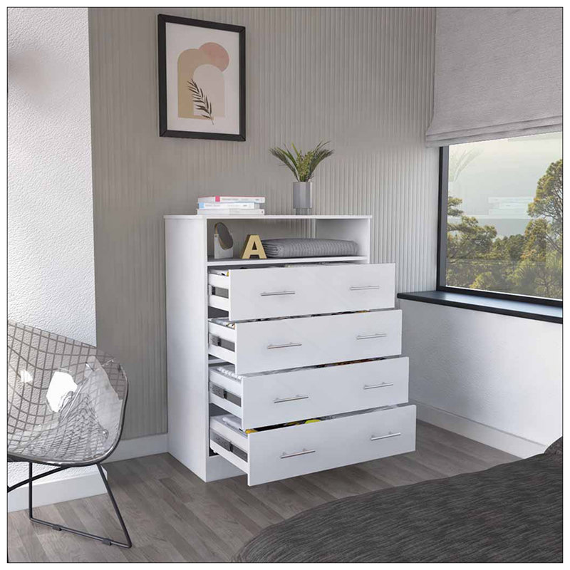 Commode 4 tiroirs Pérou, plateau supérieur, 1 tablette ouverte, Blanc