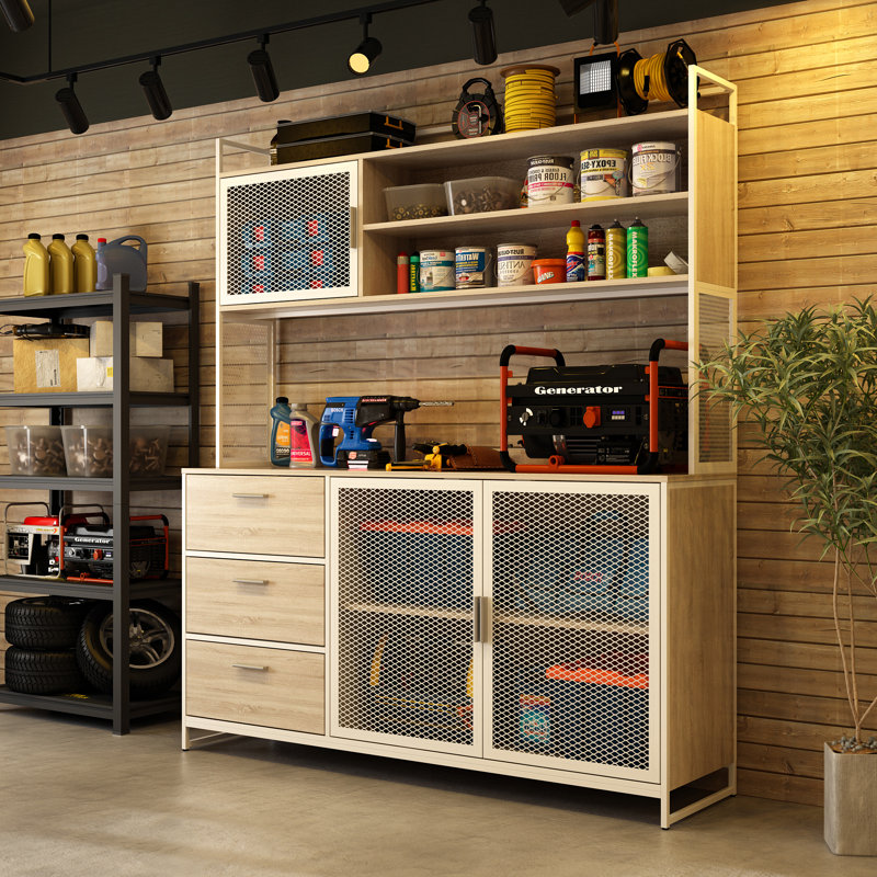 Établi de garage robuste avec grand espace de rangement et comptoir renforcé, Blanc / beige