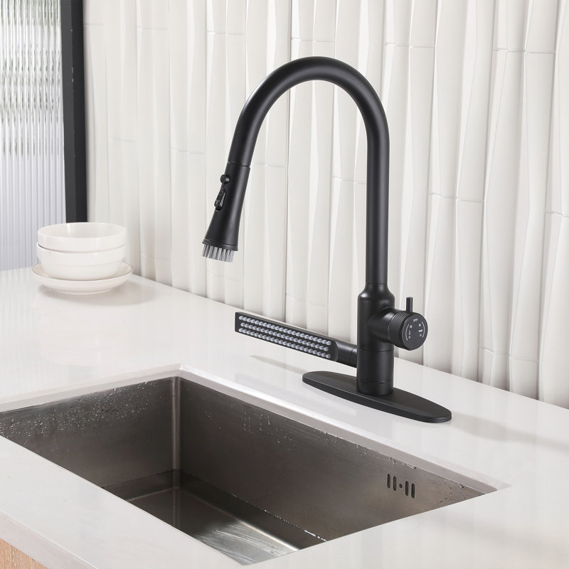 Le robinet de cuisine multi-fonctions High-ARC avec valve à fonction claire, pulvérisateur rétractable, bec latéral élargi et brosse mobile (plaque incluse)