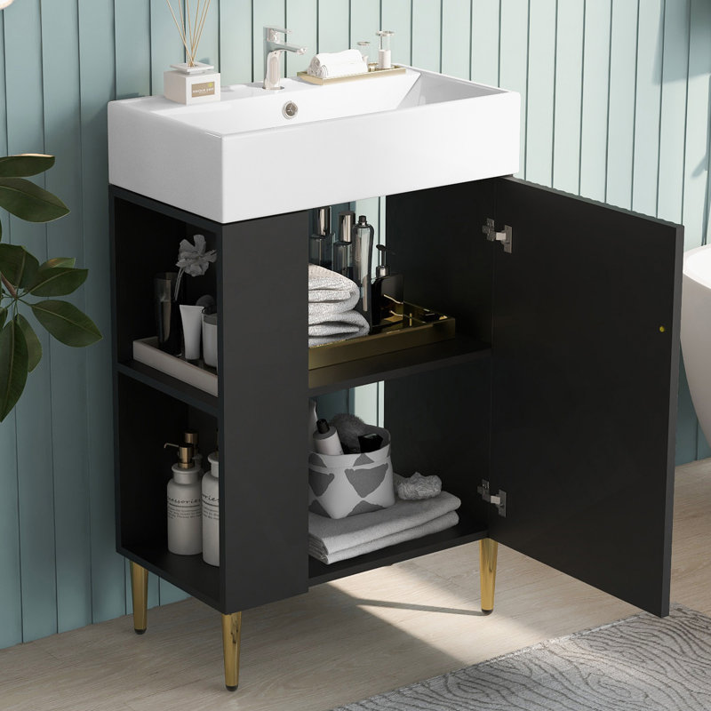 Meuble-lavabo de 21,6 po avec lavabo en céramique et rangement à gauche, Noir, Argent argent