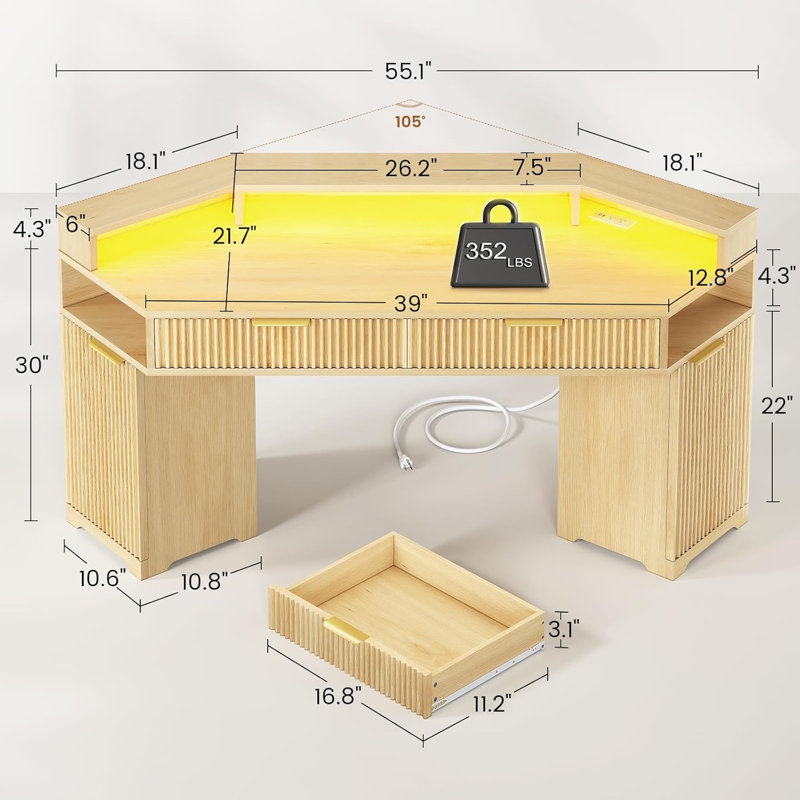 Bureau d'ordinateur avec 2 tiroirs, petit bureau en diamant avec armoire de rangement pour petits espaces, Chêne