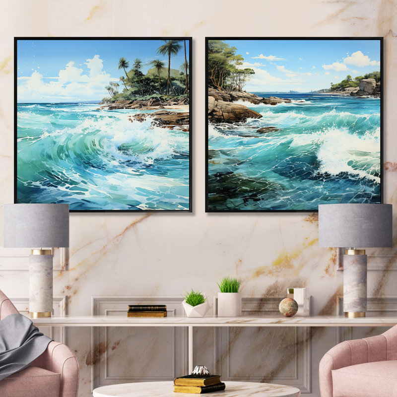 Azure Seascape Palms Horizon - ensemble de 2 collages carrés côtiers, Cadre flottant noir, H 16 po x l 33 po