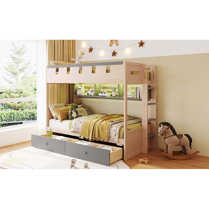 Lit superposé de style château avec 2 tiroirs de rangement, tablette et lumière DEL, Grey, Twin