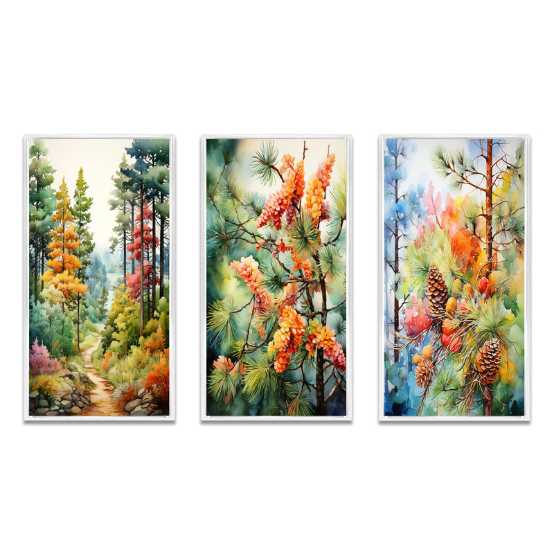 «Pine Tree Autumn Symphony», 3 pièces sur toile, H 32 po x l 48 po, Cadre flottant blanc