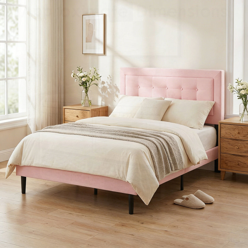 Structure de lit plateforme double avec tête de lit tapissier et support à lattes de bois, aucun sommier nécessaire, Rose