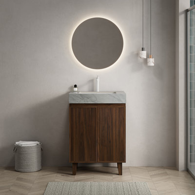 Meuble-lavabo Lula 2, sur pied, comptoir en pierre frittée gris Carrara veinée et lavabo en céramique avec 1 trou pré-percé pour robinetterie, démonté, sans robinetterie ni bonde, couleur noyer.