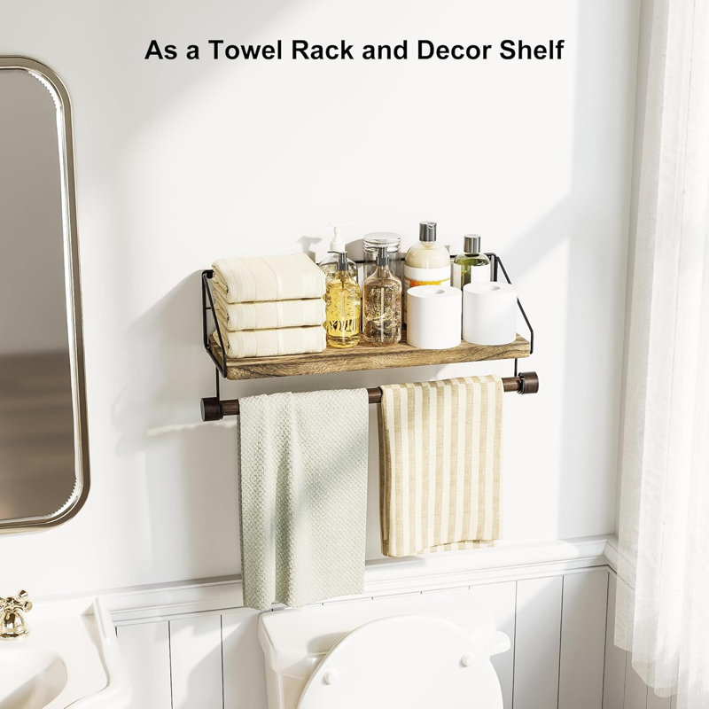 Floating Shelves Wall Mounted With Towel Bar And Hooks - Rustic Wood Shelf For Kitchen, Bathroom, Bedroom - Multi-Purpose Storage And Decor