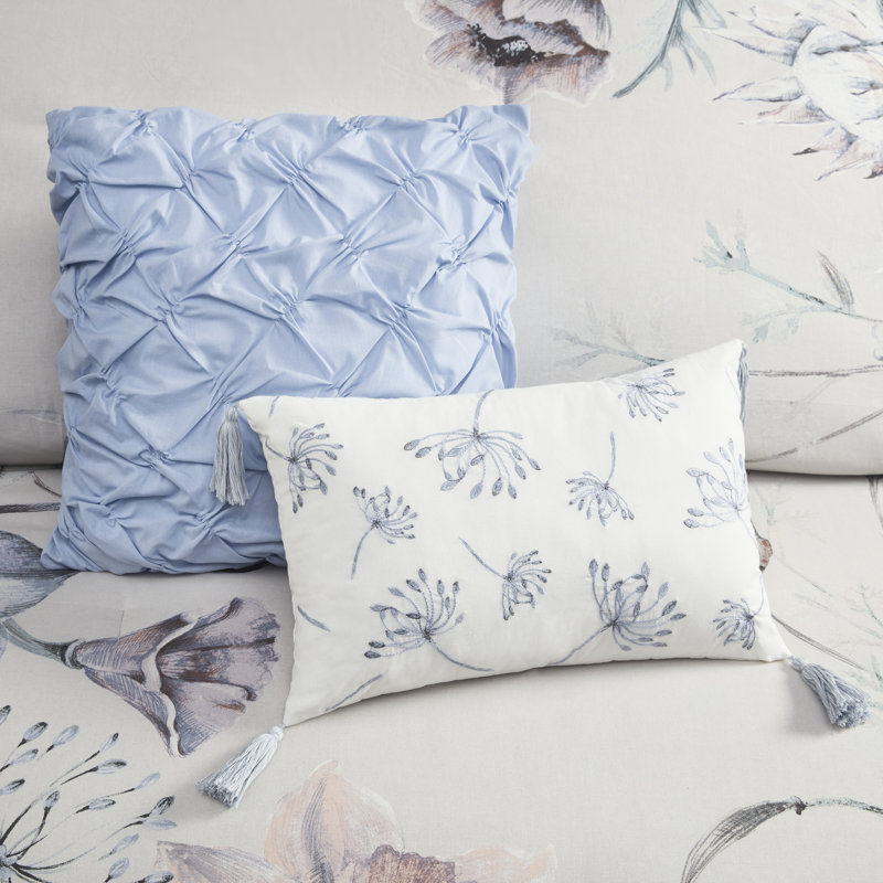 Édredon 8 pièces en coton imprimé - bleu très grand, style avec grand imprimé floral, édredon très grand lavable à la machine, imprimé, couvre-oreillers et coussins de chambre