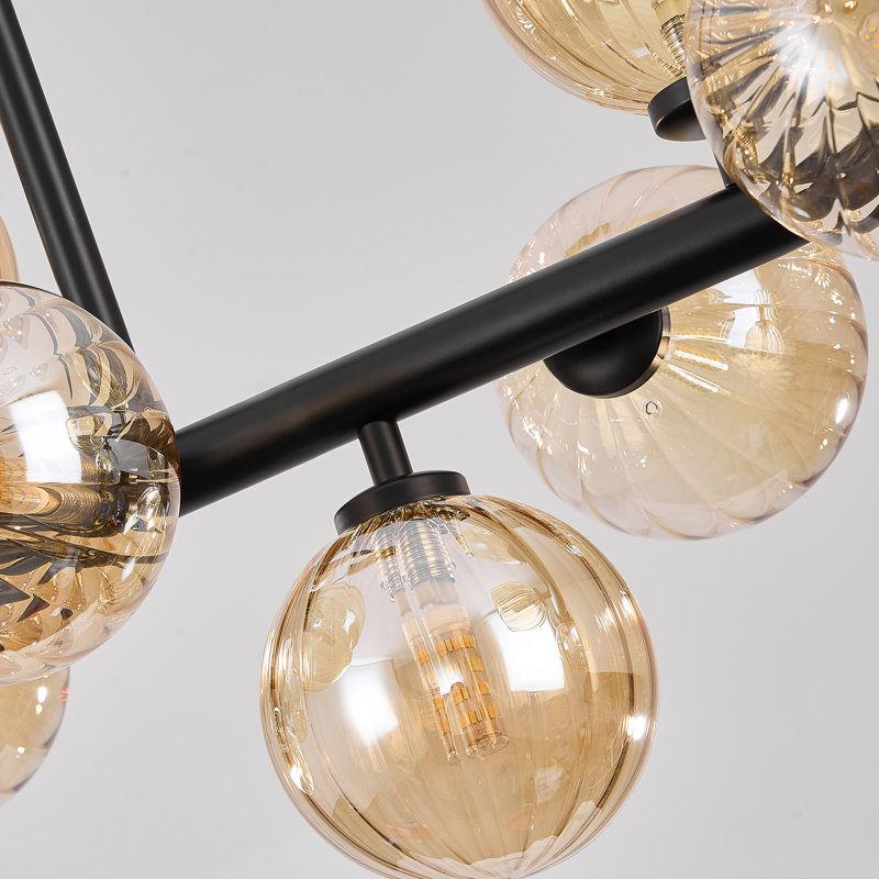 Lustre linéaire moderne en verre bullé à 12 lumières à intensité variable Spoutnik, Noir satiné