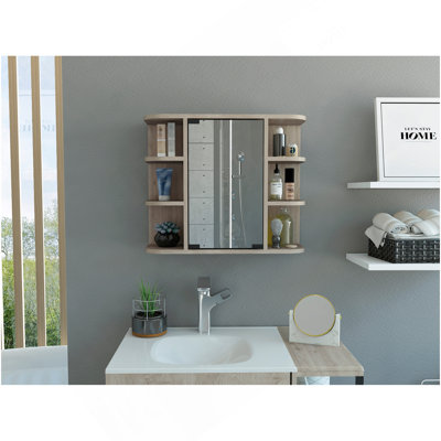 Armoire à pharmacie Milan, miroir à six tablettes extérieures, trois tablettes internes - gris clair