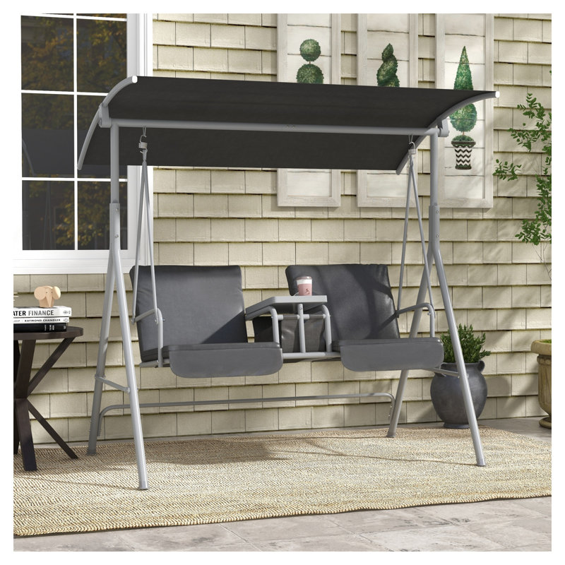 Balancelle de porche Outsunny pour 2 personnes avec support, auvent, table de rangement et porte-gobelets, coussins en polyester gris pour terrasse et jardin