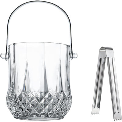 37oz Lead-Free Glass Ice Bucket with Handle & Ice Clip – Clear Patterned Design for Home Bar, Parties & Cocktail Events
