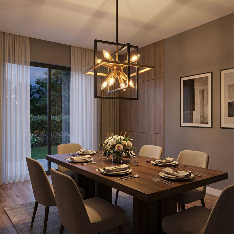 Modern 8-Light Black and Gold Geometric Sputnik Chandelier for Dining Room Kitchen Island with No bulbs Included