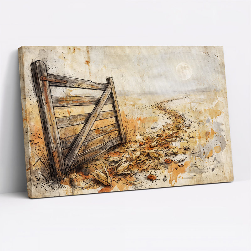 Toile ouverte en forme de porte ouverte en bois et chemin éclairé par la lune, 20"H x 30"W