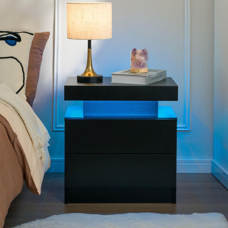 Black Modern LED Nightstand Set with 2 Drawers