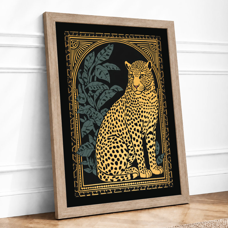 Leopard in Gold Art Deco - Framed Print, A4 - 29.7 x 21.0 cm, Oak