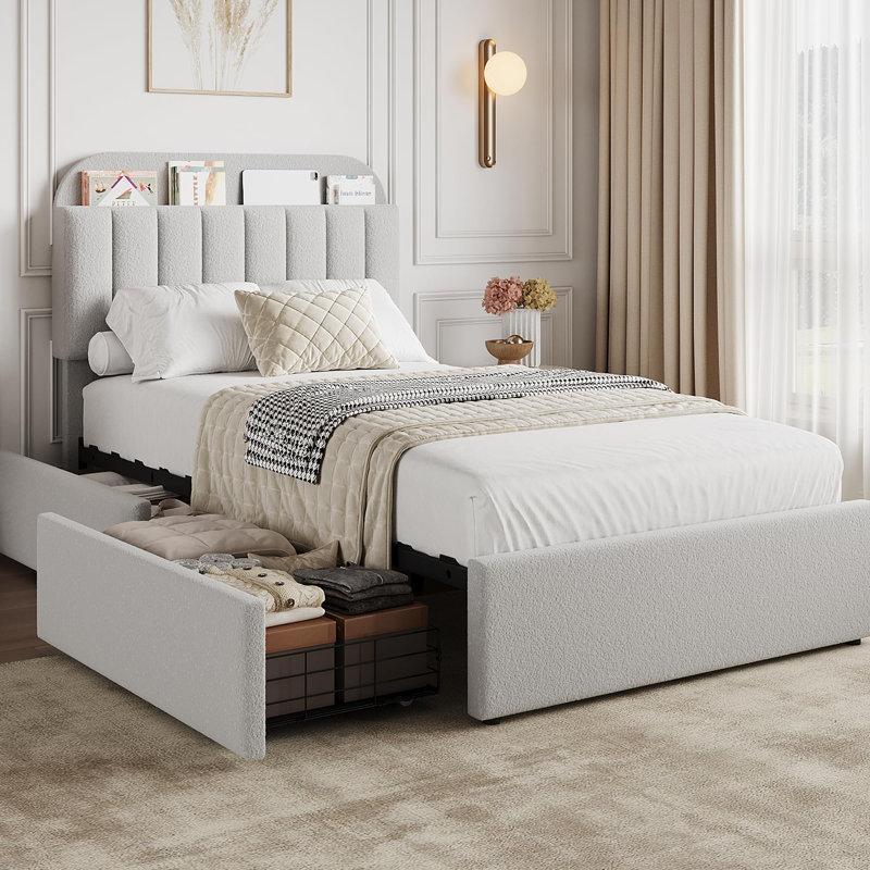 Cadre de lit avec tête de lit avec rangement, cadre de lit avec 2 tiroirs, gris, Simple