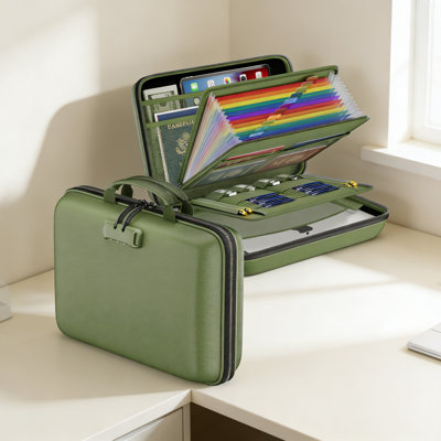 Fireproof File Organizer Beige Hard-Shell Document Box 13 Pocket Accordion File Folder With Lock Portable Safe Storage