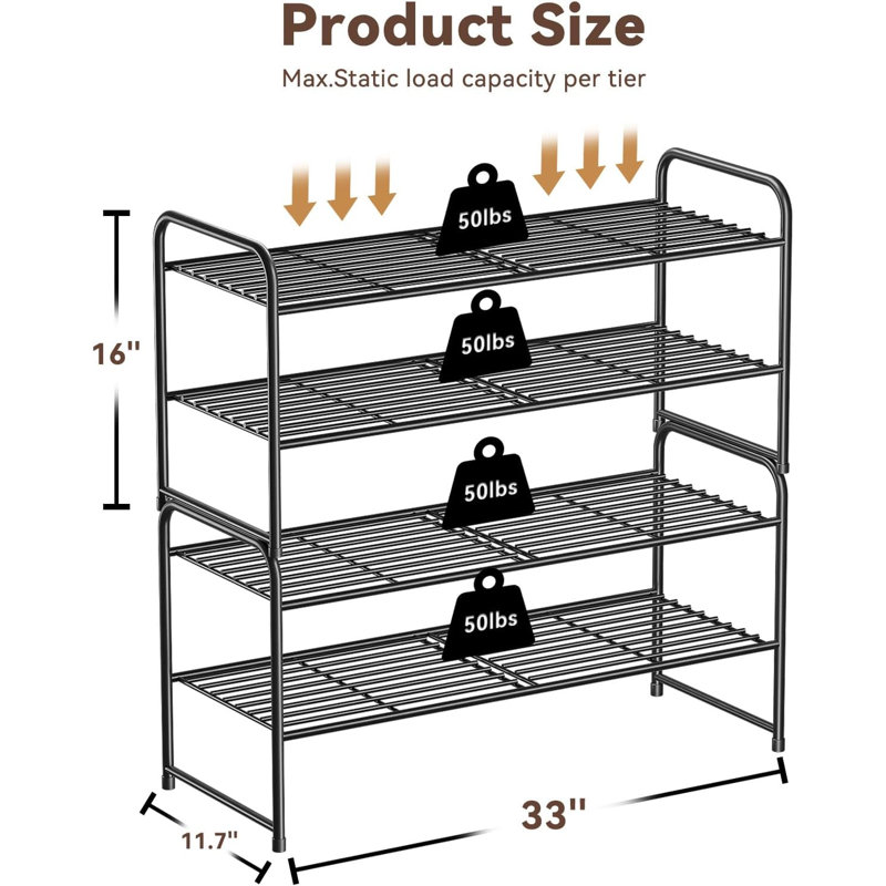 Étagère à chaussures 32 po à 2 niveaux pour garde-robe, étagère empilable et réglable, Noir