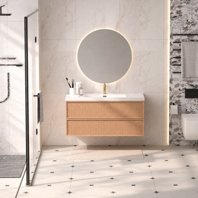 Meuble-lavabo suspendu Vitrasa 48 po à rayures noyer avec lavabo intégré, meuble de salle de bain moderne fixé au mur avec 2 tiroirs à fermeture amortie, préassemblé avec lavabo en céramique intégré – Bois naturel