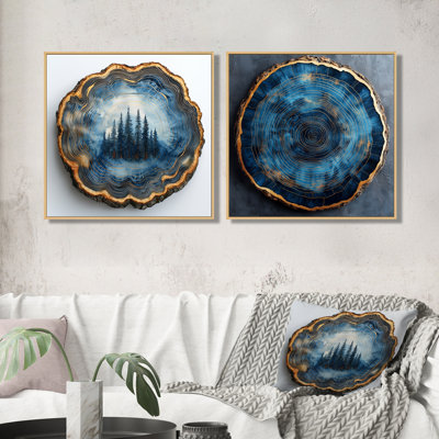 «Blue Forest Of Wood Slide Collage I», art mural forêt - ensemble d'art mural traditionnel 2 pièces