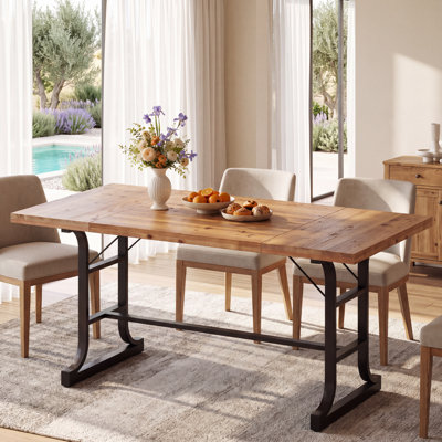 63-Inch Solid Wood Dining Table for 4-6 People, Rectangular Kitchen Table with Metal Legs for Dining Room & Kitchen, Brown and Black