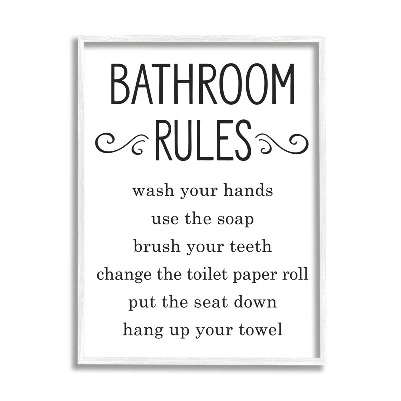 «Minimal Bathroom Rules» signe une bonne hygiène familiale - art textuel, Giclée encadrée blanc bord de mer