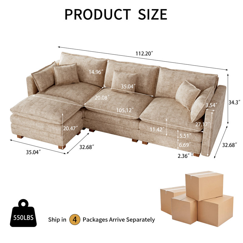 112.2" Chenille Upholstered Sofa with Ottoman, Cloud-Like Modular Sectional Couch with Wooden Legs, Coffee