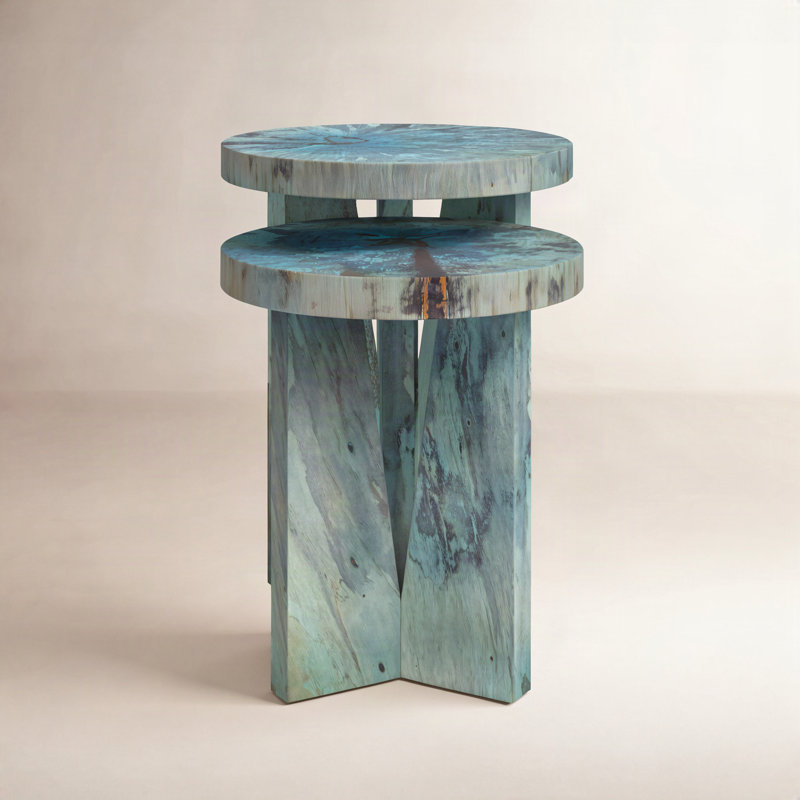 Bodiam Solid Wood Round Nesting Tables, Blue