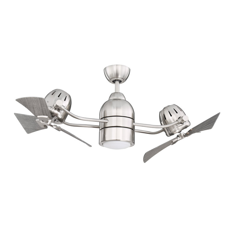 Ventilateur de plafond double DEL à 4 pales avec ensemble d'éclairage Kutlay, Nickel poli brossé avec pales grises