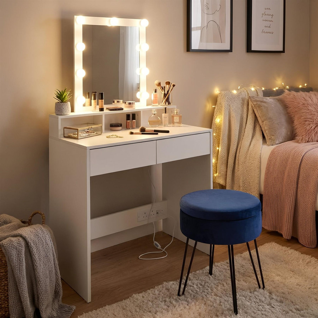 Harbour Housewares Wooden Dressing Table Set with LED Lights - White