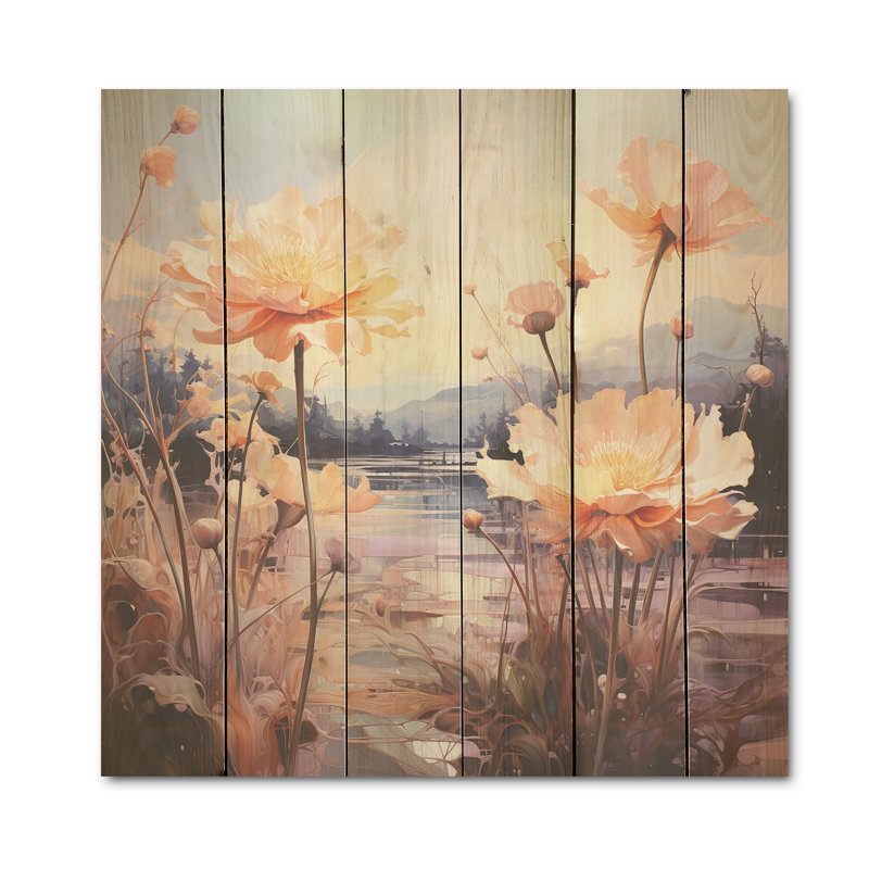 Verre floral sur fond de montagne - Art mural en bois sur bois de pin naturel, H 36 po x l 36 po