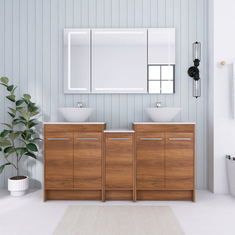 Meuble-lavabo double 58,89 po avec plateau en céramique Inshaal