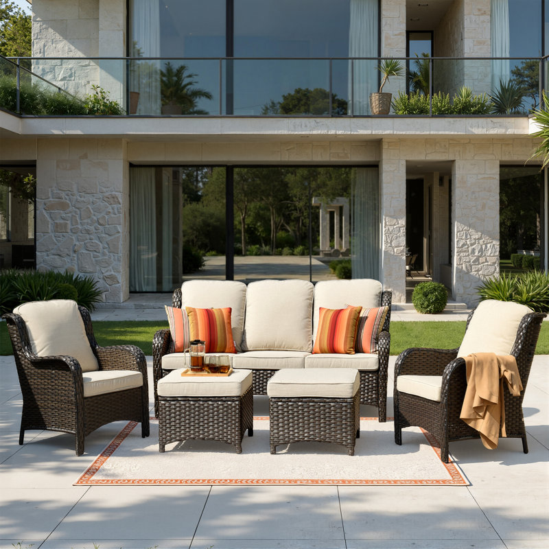 Patio Rattan Sofa Seating Group with Cushions, Brown Frame/Beige Cushion, No