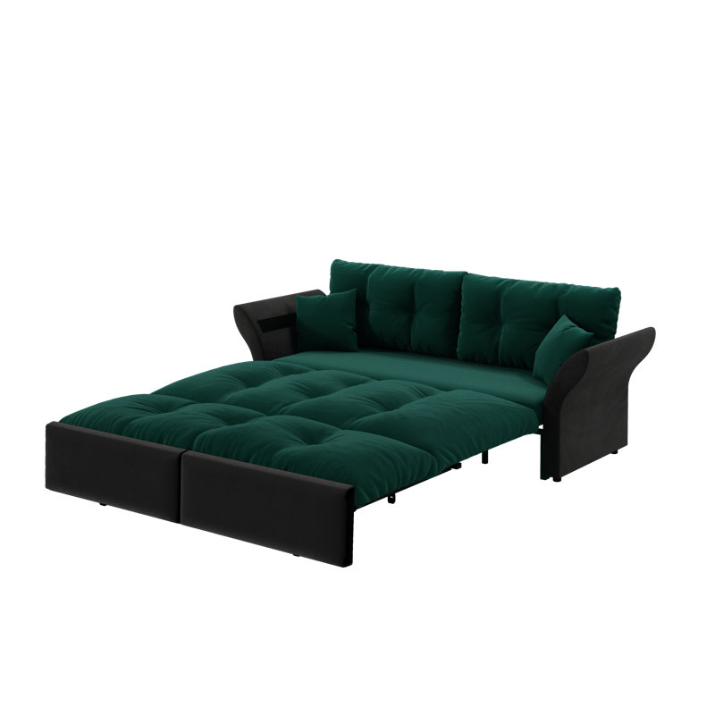 74.8" Queen Pull Out Sofa Bed - 3-In-1 Convertible Tufted Velvet Loveseat With 2 Soft Pillows​, Green 