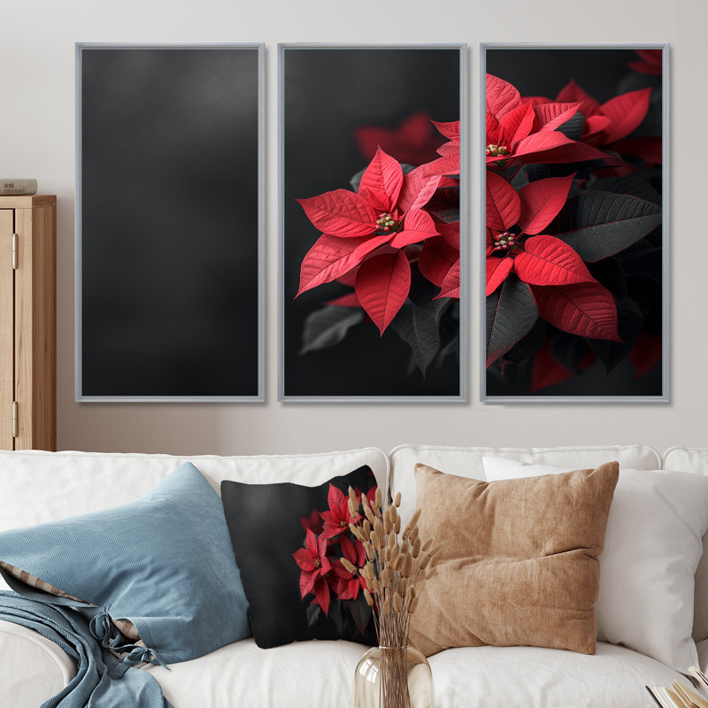 Glaude - Ensemble de décoration murale poinsettias, Toile argentée avec cadre flottant, H 28 po x l 36 po x P 1 po