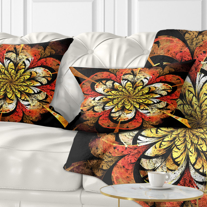 Fleur fractale jaune foncé orange - coussin imprimé abstrait