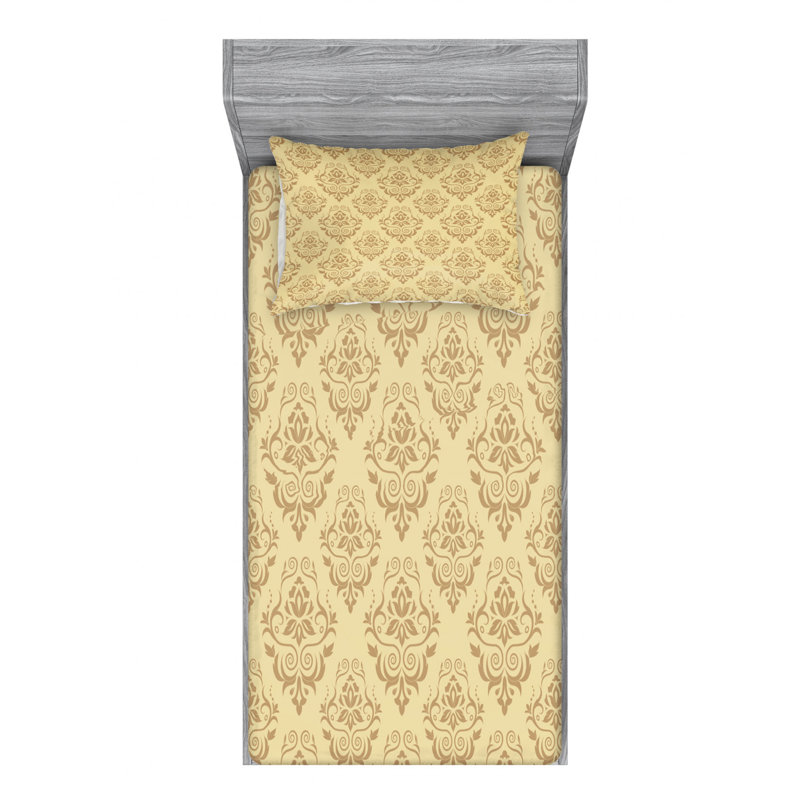 Microfiber Sheet Set, Twin Sheet Set with Fitted Sheet, Beige Damask
