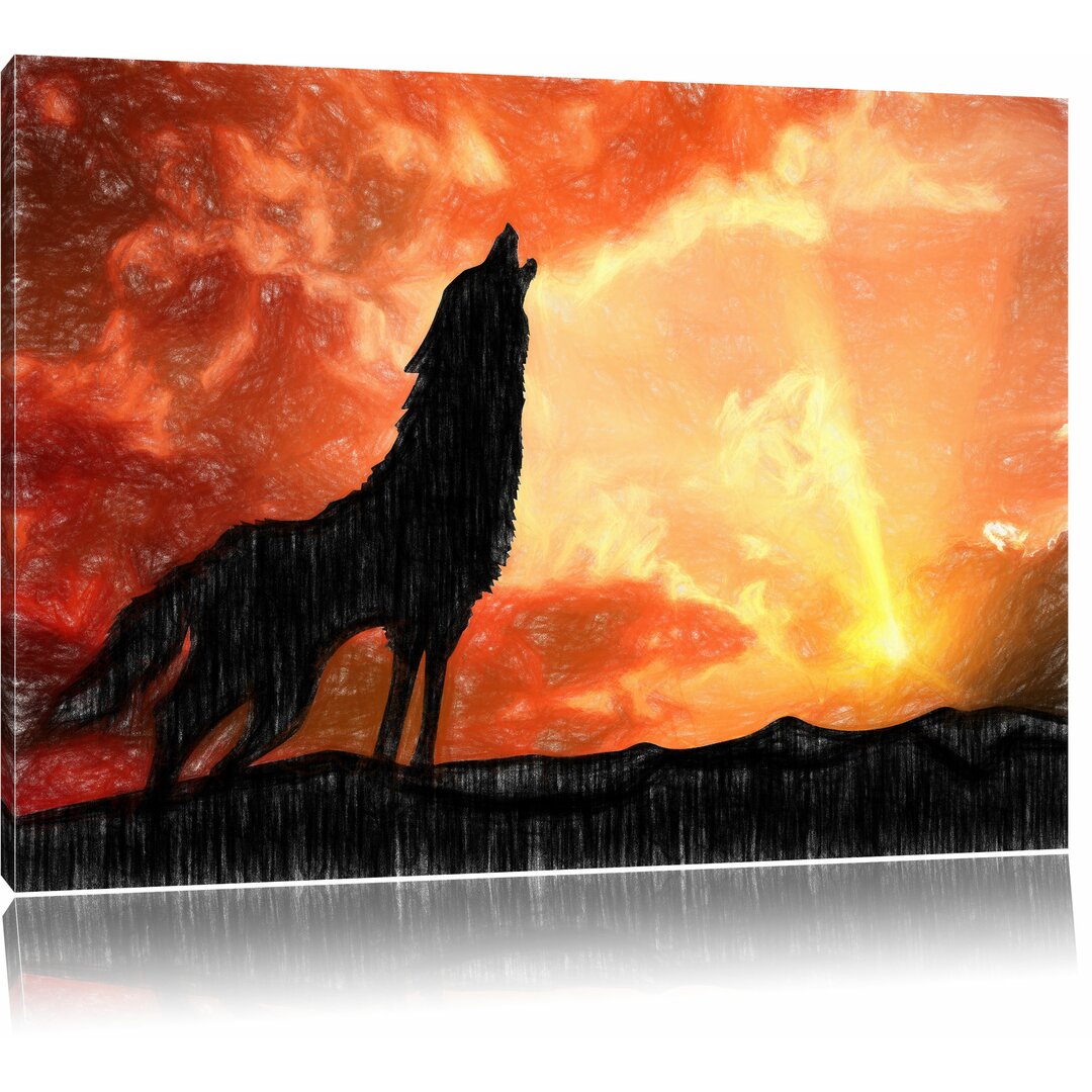 Leinwandbild â€žEinsamer Wolf heult im Sonnenuntergangâ€œ, Grafikdruck