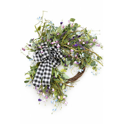 Couronne de porte d'entrée artificielle de 66 cm (26 po) avec eucalyptus sauvage, style champêtre, ornée d'un nœud.